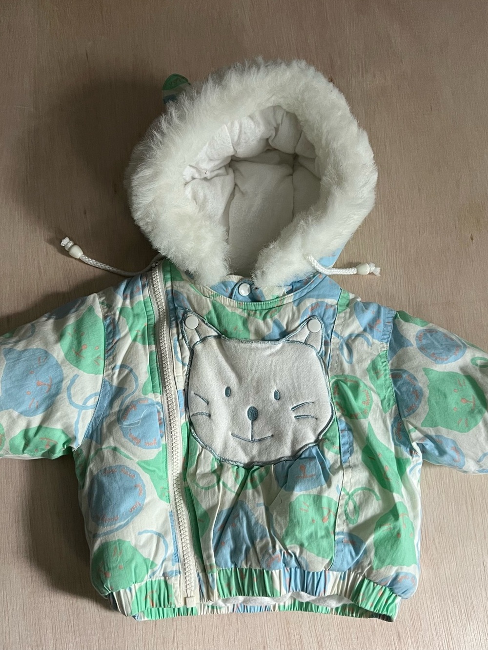 Baby Plush Hooded Puffer Jacket in White, Light Blue & Mint